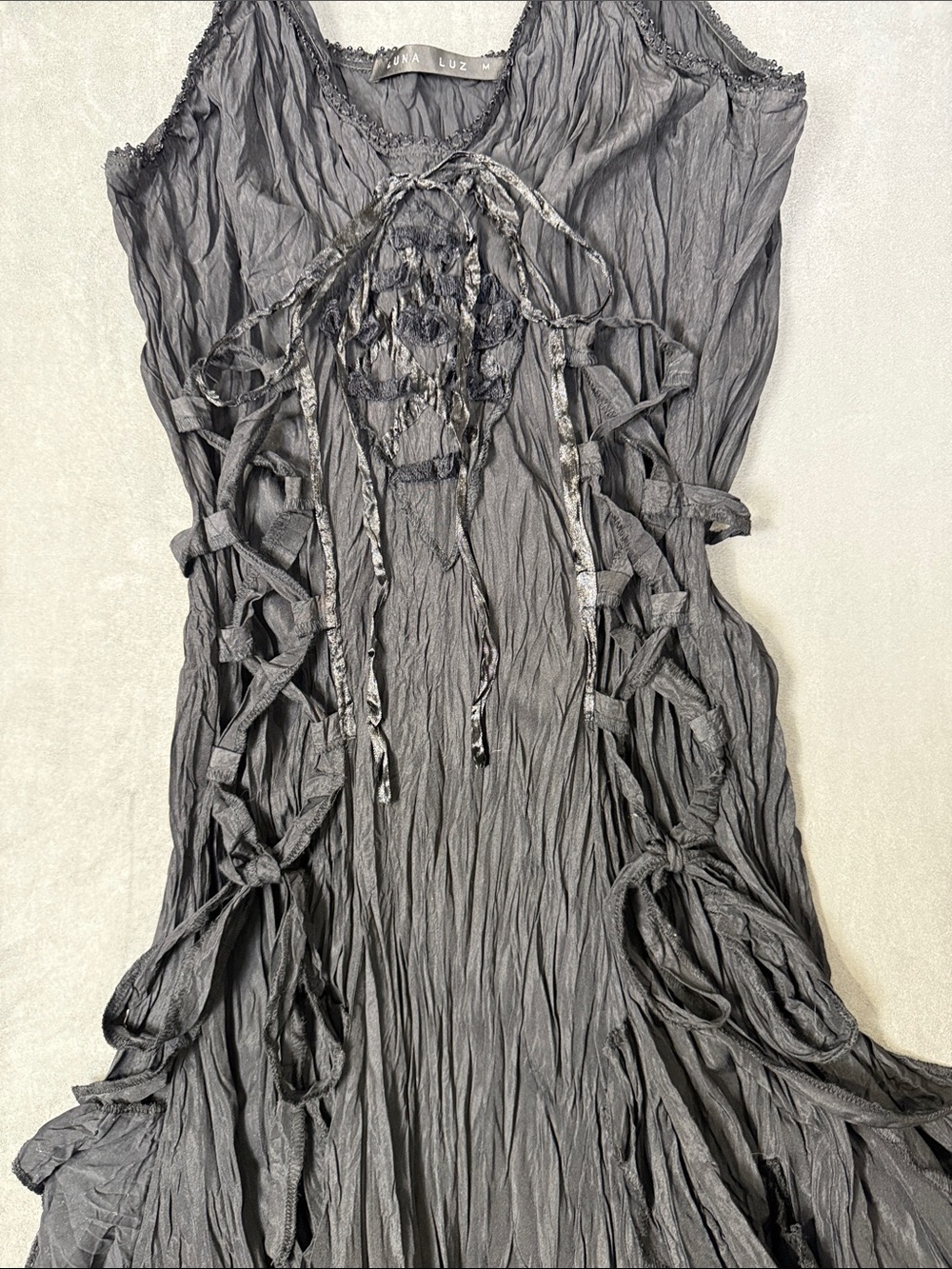 Luna Luz Black Crinkle Spaghetti-Strap Midi Dress, goth inspired! - Picture 3 of 9